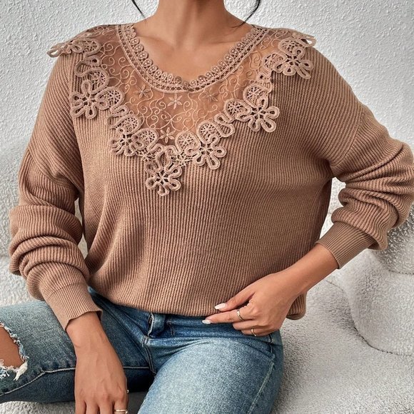 Apricot Casual Womens Guipure Lace Appliques Drop Shoulder Sweater - Picture 5 of 5